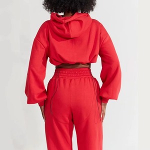 Women Red Hooded Tracksuit Set Full Sleeve <b>Crop</b> Top With Drawstring Joggers Casual Loose Fit Solid Color Winter wear - Product Image 6
