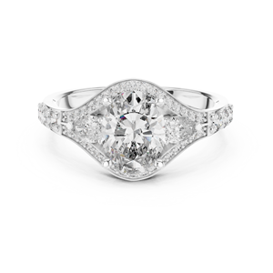 Anillo de compromiso nupcial de plata de 0.32 CT con diseño de tallo dividido, halo ovalado y de pera, y diamantes pavé, elegante banda de boda - Product Image 1