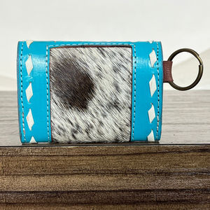 Vente en gros de porte-monnaie tendance en cuir de vache usiné à la main mini porte-clés portefeuilles petite pochette à carreaux blanc et turquoise - Product Image 5