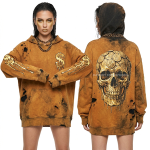 Sweat-shirt de luxe vintage Ocre 500GSM pour femme, avec motif graphique Tête de mort Lustre Aristocratic Decay et impression sur manches effet damassé vieilli - Product Image 5