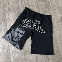 Shorts noirs pour hommes, imprimé flamme, logo SDL uni sur le devant, taille mi-haute élastique, respirant, coupe décontractée et sportive, style hip-hop, en polyester
