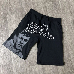 Shorts noirs pour hommes avec imprimé flamme, logo SDL uni sur le devant, taille élastique, respirants, coupe décontractée et sportive, style hip-hop, en polyester - Product Image 6