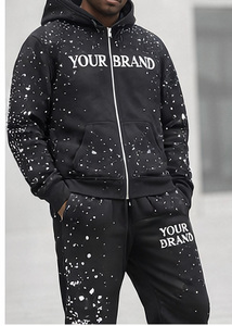 Custom Men Winter <b>Knitted</b> 420g Rhinestone Tracksuit <b>Set</b> Breathable Zip Hoodie Joggers Fleece Streetwear 100% Cotton Wholesale - Product Image 2