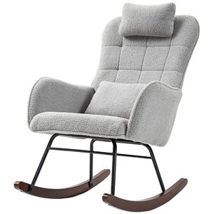 Sedia a dondolo grigio chiaro per cameretta con schienale alto e poggiatesta, sedia da allattamento con cuscino lombare per soggiorno e camera da letto - Product Image 1