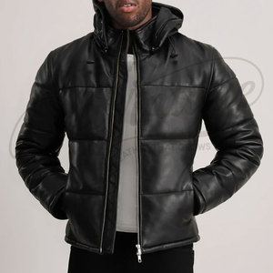 Veste d'hiver matelassée en cuir noir pour homme, avec capuche, en similicuir rembourré, parka chaude pour homme - Product Image 1