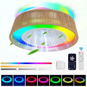 Moderne Rustieke Led Rgb Plafondventilator Licht Rustige Semi-Flush Mount Geweven Touw Ontwerp Sfeerverlichting Voor Slaapkamer Woonkamer Eetkamer - Product Image 2