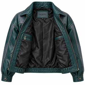Genuine Leather Bomber Jacket <b>Womens</b> Dark Teal Green Grey Panel Elastic Waist Zipper Collar <b>Coat</b> Custom Oem Supplier - Product Image 5