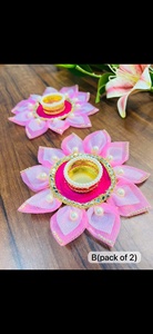 Handcrafted Pink Floral Lotus Diya Holder Elegant <b>Gota</b> Patti and Pearl Studded Tea Light Bases for Diwali Festive Home Decor - Product Image 2