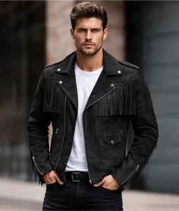 Chaqueta de Motociclista de Cuero Negra para Hombre, Estilo Occidental, con Flecos Decorativos, Cuello Camisero, Corte Ajustado, Largo Regular, Cierre de Cremallera, Estilo Otoñal - Product Image 3