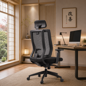 Fauteuil de bureau ergonomique KINSHA à dossier haut en maille, pivotant avec 3 vérins à gaz, pour gaming, avec appui-tête intégré et accoudoirs fixes - Product Image 1