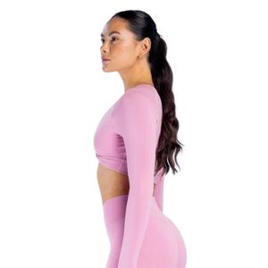 Conjunto Deportivo para Mujer, Top Corto Rosa Claro de Manga Larga con Detalle Cruzado en la Parte Delantera y Leggings a Juego, Corte Ajustado, Ropa Deportiva, Ropa de Gimnasio, Moda Deportiva - Product Image 4
