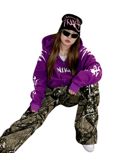 OEM High Quality Winter Cyberpunk <b>Tracksuit</b> Men <b>Women</b> Custom <b>Purple</b> Gradient Print Black Hooded Vintage Washed Loose Sweatsuit - Product Image 2