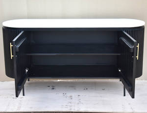 Aparador Moderno de Lujo con Cubierta de Mármol Natural, Elegante Mueble Buffet Negro Acanalado con Silueta Ovalada y Patas de Latón Dorado - Product Image 4