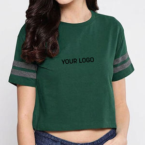 High Quality Women's <b>Green</b> <b>Crop</b> <b>Top</b> Crew Neck Short Sleeve Solid Color Casual T-Shirt With Logo Print Spring Summer Wear - Product Image 4
