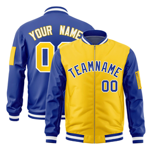 Custom Gold Royal Blue Winter Sporty Heated Windproof Varsity Bomber Jacket for Men Front Logo <b>Covered</b> <b>Button</b> Two-Tone Design - Product Image 1