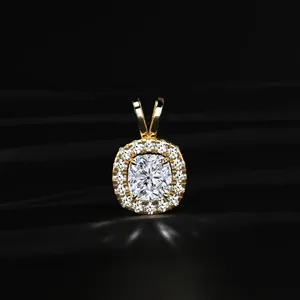 Lab Grown CVD Diamond Halo Pendant <b>Necklace</b> Cushion Cut <b>D</b>-E Color VVS-VS Clarity IGI Certified Gold Engagement Wedding India - Product Image 1