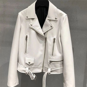 Veste de moto en cuir de vache véritable pour femme, coupe-vent, manches longues, fermeture éclair, col rabattable, style automne, couleur unie - Product Image 4