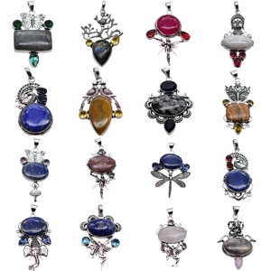 Collares con Colgante de Latón Cristiano Vintage para Mujer, Hechos a Mano, Chapados en Plata Antigua, con Piedras Preciosas Naturales Surtidas, para Fiestas Religiosas - Product Image 1