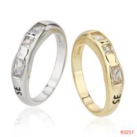 Three Stone 925 Sterling Silver Zircon Ring with Rectangular Settings and Polished Band