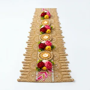 Support de bougie chauffe-plat artisanal traditionnel en tissu perlé, broderie florale Rangoli, design Art Déco écologique pour Baptême et Diwali - Product Image 1