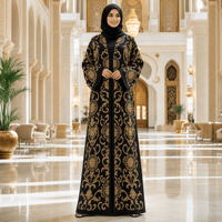Abaya noire tricotée sur mesure ODM pour femme, avec motif losanges dorés, devant ouvert, manches longues, robe kaftan musulmane, tenue modeste du Moyen-Orient, OEM
