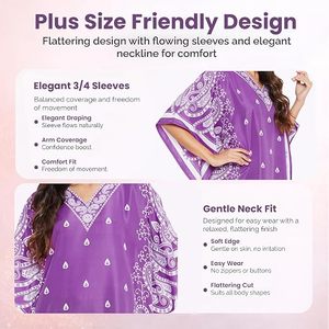 Robe longue kaftan violette à imprimé cachemire, col en V, manches chauve-souris, coupe ample, style bohème décontracté d'été avec ourlet fendu - Product Image 6