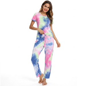 Conjunto de pijama de algodón con efecto tie-dye para mujer, manga corta, cuello redondo, pantalones largos con cordón y bolsillos laterales, ropa informal de verano - Product Image 3