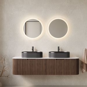 DINA 60\" Modern <b>Wall</b> <b>Mounted</b> Bathroom Vanity with Curved Edges and Striped Storage <b>Cabinets</b> 2 Black Ce - Product Image 1