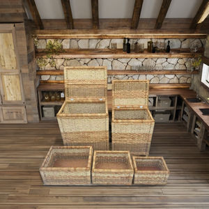 Juego de 5 cestas de almacenamiento ecológicas tejidas a mano con jacinto de agua natural y cáscara de maíz, ideales para restaurantes, hoteles y resorts. - Product Image 6