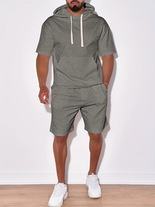 <b>Men's</b> <b>Orange</b> Crew Neck <b>Sweatshirt</b> and Shorts Set Solid Color Knitted Breathable Casual Summer Outfit - Product Image 5