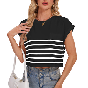 T-shirt court tendance pour femme, longueur réglable, manches courtes, tricot côtelé, haut polyvalent et tendance pour les vacances d'été - Product Image 5