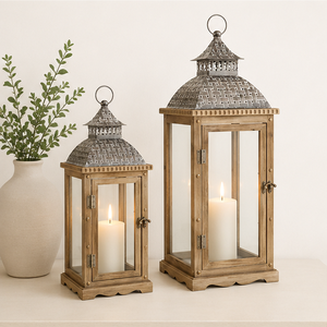 <b>Set</b> of 2 Rustic Wooden Decorative <b>Lanterns</b> with Distressed Brown Finish and Metal Hut Top Vintage Farmhouse Floor Candle Holder - Product Image 6