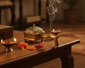 Elegante Quemador de Incienso Dhoop Dani de Latón con Asa para el Hogar, Templo, Pooja y Decoración Espiritual - Product Image 1