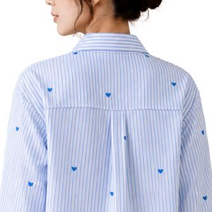 Camisa de Mujer a Rayas Blancas y Azul Claro, con Botones, Manga Larga, Blusa de Algodón, Bordado de Corazón, Corte Holgado, Estilo Casual, Talla Grande - Product Image 6