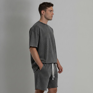 Conjunto de camiseta y pantalones cortos de algodón de alta calidad, cuello redondo, lavado ácido, ropa casual de verano, transpirable, conjunto de 2 piezas para hombre. - Product Image 6