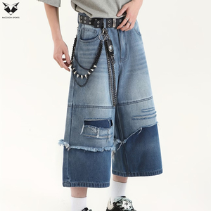 Pantalones cortos de mezclilla para hombre, holgados, azul claro, con capas, desgastados, con dobladillo sin rematar, estilo baggy, streetwear, hip hop, de pierna ancha - Product Image 6