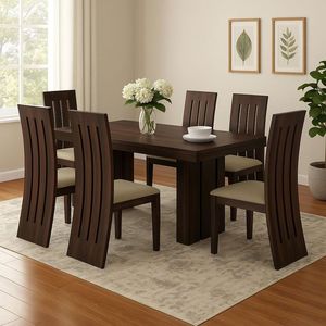 Premium handcrafted teak wood <b>dining</b> table paired with matching minimalist <b>chairs</b> - Product Image 1
