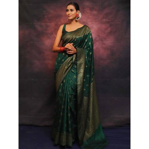 DISEÑADOR LICHI SEDA TEJIDO TRABAJO SAREE CON BLUSA SIN COSTAR VERDE - Product Image 1