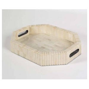 Hot Selling Hexagonal Design Bone Inlay Cream Color 35x35x5cm Handcrafted Serving Tray <b>Table</b> Top Decorative Wholesale Price - Product Image 4