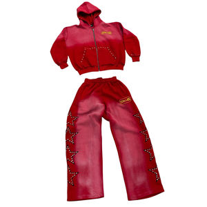 Survêtement homme 2026 en molleton 100% coton avec strass, coupe évasée, logo personnalisé, fermeture éclair, pantalon baggy délavé à l'acide - Product Image 1