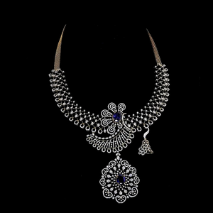 Collar de diamantes cultivados en laboratorio con diseño de pavo real y piedra azul |   Collar de Novia Chapado en Oro de 18K |   Regalo de Fiesta Indio de Lujo - Product Image 1