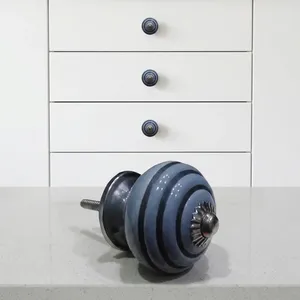 <b>Ceramic</b> Cabinet <b>Knob</b> Round Traditional Blue Striped Design Kitchen <b>Drawer</b> Handle Durable Outdoor Wardrobe Furniture Hardware - Product Image 3