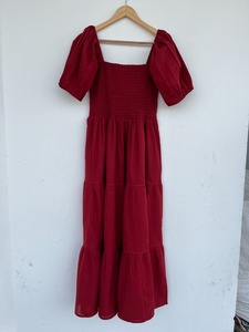 Women Burgundy Smocked Cotton Maxi Dress Square Neck Puff Sleeve Tiered Solid <b>Summer</b> Wholesale - Product Image 4