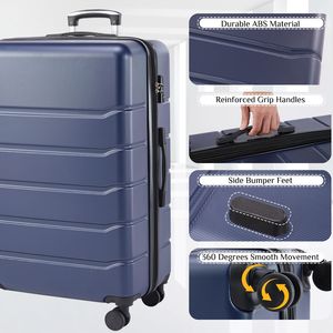 3-Pack <b>Blue</b> Hard-Sided Expandable <b>Suitcases</b> with Rotating Wheels TSA Lock Retractable Handle 20\"-28\" Range - Product Image 4