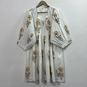 Vestido Midi Informal de Algodón para Mujer, Mangas Abullonadas, Cintura Imperio, Estilo Babydoll, Vestido de Verano, 100% Algodón, Cuello en V Extra Grande, Estampado Floral - Product Image 4