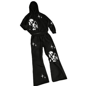 Ensemble de survêtement gothique pour femme avec imprimé ange, sweat-shirt à capuche et pantalon long ample noir, idéal pour l'automne, en polyester respirant - Product Image 1