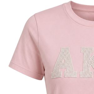 Camiseta Rosa con Letras de Perlas para Mujer, Manga Corta, Algodón, Diseño Gráfico, Informal, a la Moda, para el Verano, Ropa Diaria - Product Image 4