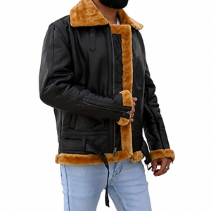 <b>Men's</b> Genuine Leather Aviator <b>Jacket</b> with <b>Shearling</b> Faux Fur Lining Heated Zipper Closure Winter Moto Biker Style Windproof Coat - Product Image 3