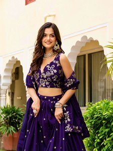 Lehenga Choli Morado con Bordado Floral y Lentejuelas, Vestido de Fiesta para Mujer, Traje para Boda o Festival - Product Image 4