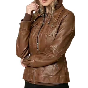Women's PU Leather Slim Fit Short Motorcycle Jacket Hooded Full Sleeve <b>Zipper</b> Closure Solid Color Autumn Wear - Product Image 1